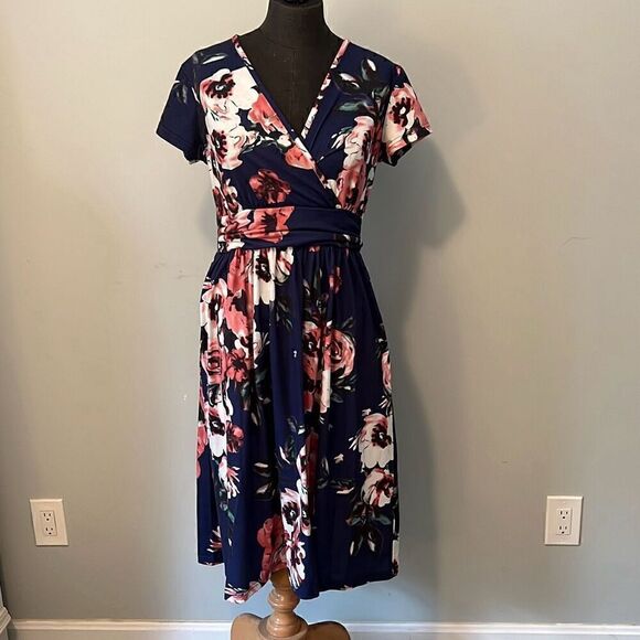 No Brand Dresses & Skirts - Women's Blue & Pink Floral Print V-Neck Short Sleeve Wrap Dress